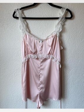 LPA Myrtle Pink Satin Romper Lace Trim